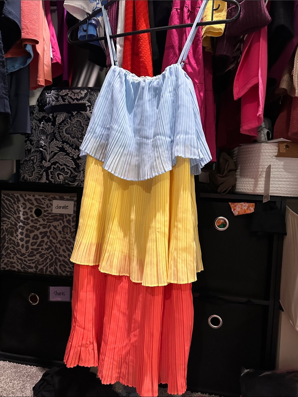 entro Tiered Pleated Spaghetti Strap Dress in Light Blue, Yellow & Coral